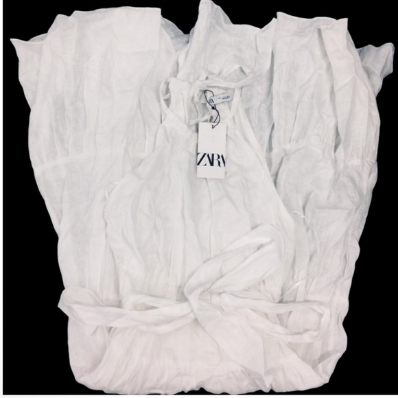 ZARA WHITE 100% LINEN HALTER BELTED FULLY LINED MAXI DRESS - Picture 10 of 12